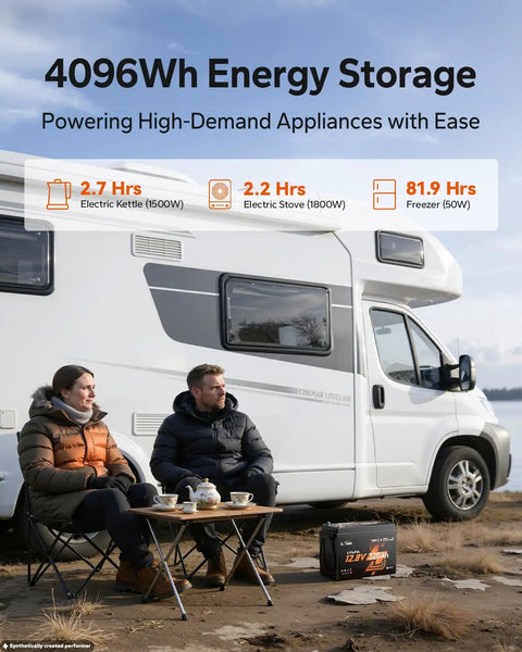 Heavy Duty 12 Volt LifePO4 Battery 320Ah With Kickin Self Heating And Frost Proof Shielding For Rv Marine Van And Off Grid Adventures That Pulls Smooth Rock Solid Power All Day Long next to campers enjoying tea.