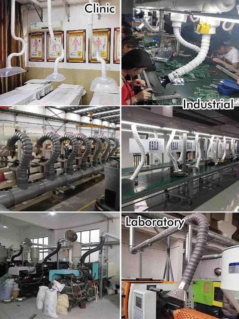 Heavy Duty Flexible Fume Extractor Hose With Rock Solid Suction Hood And No Sweat 360 Adjustable Bending Arm For Shop Smoke Dust And Fast Air Extraction Black in various settings: clinic, industrial, laboratory.