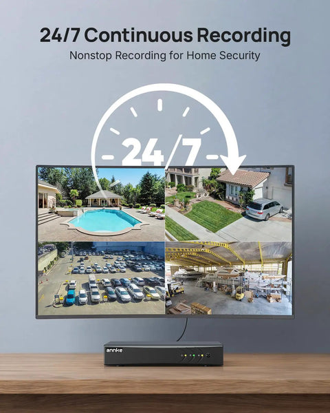 24/7 monitoring shows home, pool, parking lot, and warehouse captured by Hardwired Security Camera System With Night Vision And One Way Audio, Dope 8 Channel 3K Lite DVR, 8 Outdoor 5MP Cameras, 350 Degree Pan And 90 Degree Tilt, Human And Vehicle Detection, IP65 Weatherproof, 1TB HDD For Around The Clock Recording on a screen.