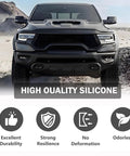 RAM 1500 Tow Hooks Covers Hitch Cap Black Front Tow Hook Cover Customized Car Accessory For Dodge RAM 2019-2025 Not For 2009-2018 Models Durable Matte Black Finish Easy To Install Keeps Tow Points Clean And Ready For Off Road Fun displayed on a truck in a rugged landscape