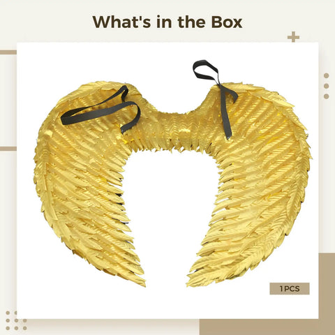 Gold Angel Wings With Straps For Cosplay And Halloween Costumes, Lightweight Feather-Effect Wings On Display