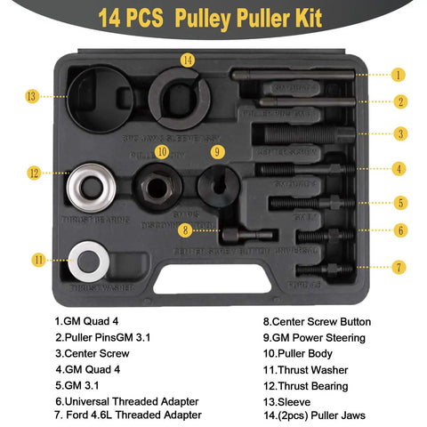 14 Piece Power Steering And Alternator Pulley Tool Kit With Storage Case For Replacing Steering Pumps And Vehicle Pulleys