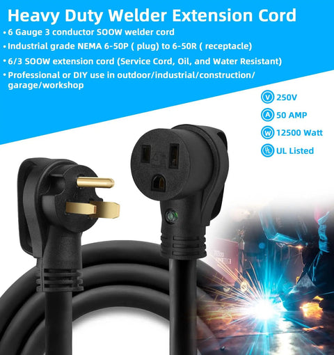 Heavy Duty 50 Amp Welder Extension Cord Built To Handle The Tough Welds With Six Gauge Three Conductor SOOW Cable 250 Volt NEMA Six Fifty Power Extension Cord For Welder MIG TIG Stick Plasma Cutter Generator And EV Charger Twenty Five Foot front view