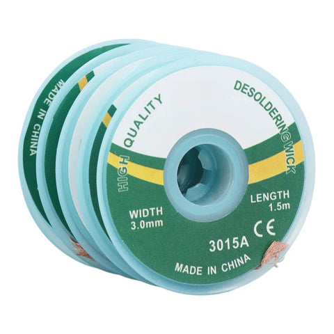 Desoldering solder wick braiding 3mm by 1.5m pack of five copper alloy for PCB repair and electronics, spools stacked view.