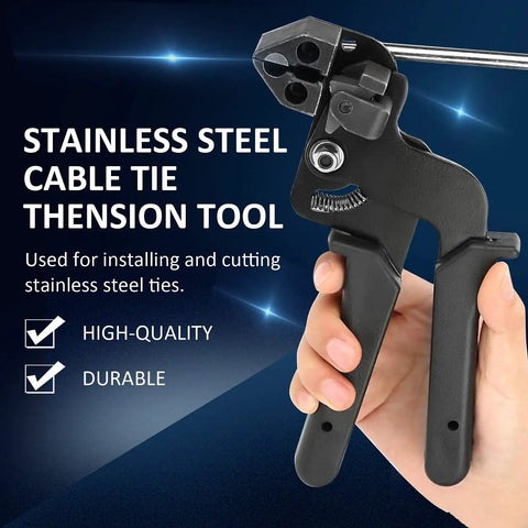 Heavy Duty Stainless Steel Zip Ties Cutter And Cable Tie Gun Portable Tension Tool held in hand, showing durable build.