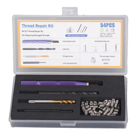 Solid Keenso 54Pc Metric Thread Repair Kit Made From Tough Stainless Steel For Home Use Fixing Stripped Screws And Damaged Threads With A Heavy Duty Tool That Gets The Job Done Quick And Easy. 54-piece M4 kit in case
