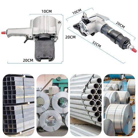 Heavy Duty Pneumatic Steel Strapping Tool And Metal Banding Machine Air Powered Tensioner Cutter Sealer shown with metal bands and rods.