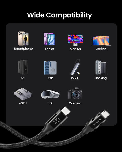 Ultra Fast USB4 Thunderbolt 4 Cable 1ft 40Gbps Data Transfer 240W PD Charging 8K60Hz Ready Perfect For Docks External GPUs Laptops Monitors And High Power Gear, braided USB-C ends