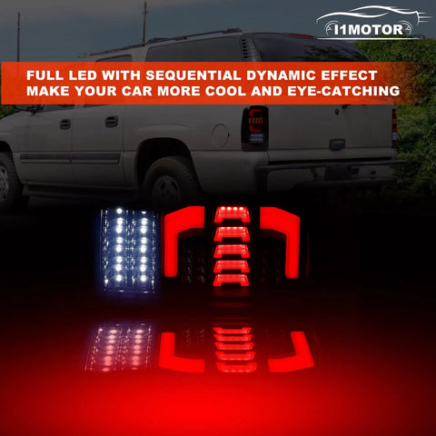 I1MOTOR LED tail light set with glossy black housing and clear lenses for 2000–2006 Chevy Suburban, Tahoe, and GMC Yukon