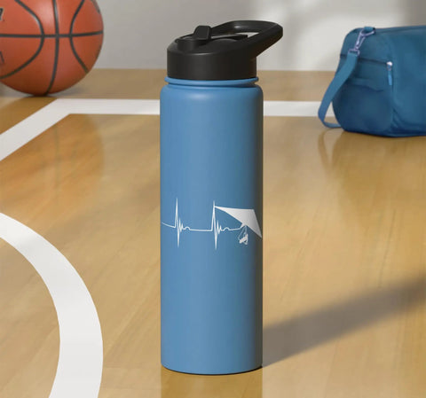 Hang Gliding Heartbeat Pulse Line Stainless Steel Insulated Water Bottle With EKG Graphic BPA Free Durable Travel Bottle For Adrenaline Junkies Keeps Your Drinks Cold Or Hot While You Soar Sky High Adventures, on gym floor.