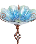 Blue Glass Bird Bath And Feeder With Metal Stake For Yard And Garden 31 Inch Outdoor Height Four Pronged Stable Base Easy Setup