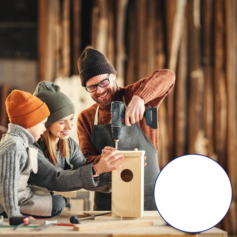 Family working on a wooden birdhouse project in a workshop with a focus on using screws.