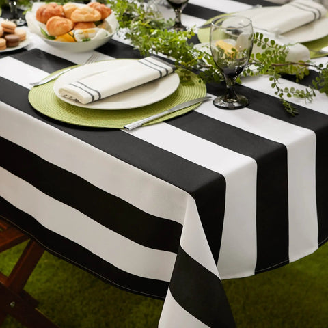 Cabana Stripe Outdoor Zippered Tabletop Cover 60 by 84 Inches Stain Resistant and Waterproof Machine Washable Easy Care for Patio Tables That Seat 6 to 8 Black