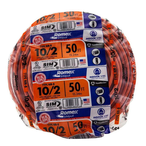 Coil of SIMpull Solid Indoor NM-B Cable 10/2 With Ground Copper Wire for DIY, 50 ft, packaged, easy pull and stripping.