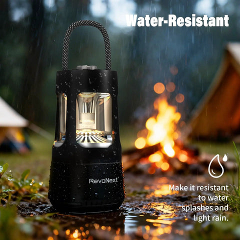 Outdoor Camping Lantern With Built In Bluetooth Speaker And Waterproof Shell next to a campfire in a rainy setting.