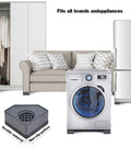 Anti Vibration Pads For Washing Machines And Dryers, placed under a washer, with sofa, refrigerator, and cabinet in background