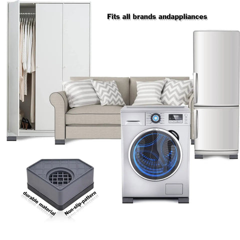 Anti Vibration Pads For Washing Machines And Dryers, placed under a washer, with sofa, refrigerator, and cabinet in background