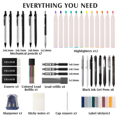 All In One College Stationery Gear With Large Pencil Case, Black Gel Pens, Bold Highlighters, Mechanical Pencils, and more
