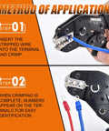 Crimping Tool Kit With 280 Insulated Wire Connectors For AWG 23-13 0.25-2.5mm2 Heavy Duty Pliers showing wire crimping steps.