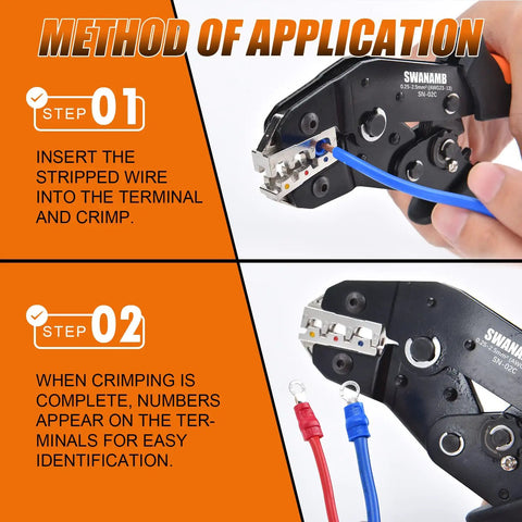 Crimping Tool Kit With 280 Insulated Wire Connectors For AWG 23-13 0.25-2.5mm2 Heavy Duty Pliers showing wire crimping steps.