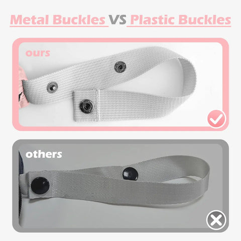 Comparison of metal and plastic buckles on travel laundry bags, highlighting durability and quality difference
