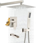 Shower Faucet Set With Waterfall Tub Spout And Rainfall Head Wall Mounted 10 Inch Rain Shower System With Trim Kit Brushed Nickel