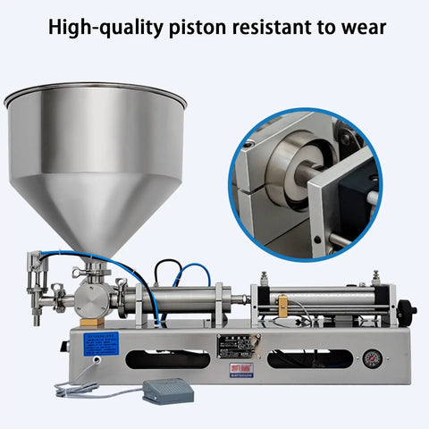 Close-up of Bulletproof Pneumatic Bottle Filler Machine with stainless steel piston and hopper for liquids and pastes.