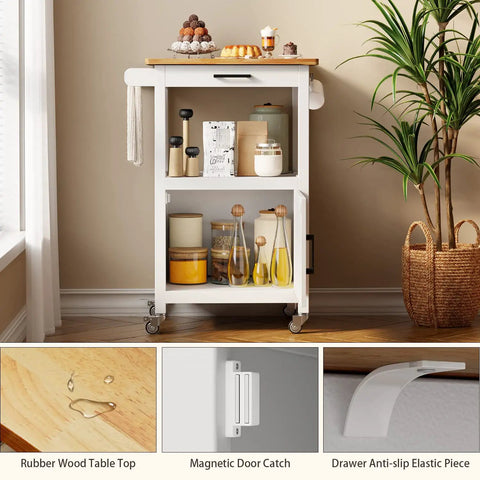 Slick Rolling Microwave Cart With Boss Level Storage Built Onto A Rock Solid Rubberwood Base, Crisp White Kitchen Island Station for home coffee bars with smooth tabletop.