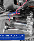 Badass 12V Dual Trumpet Air Horn Kit With Heavy Duty Compressor, showing shiny dual trumpets and wiring for easy installation.