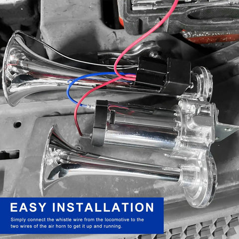 Badass 12V Dual Trumpet Air Horn Kit With Heavy Duty Compressor, showing shiny dual trumpets and wiring for easy installation.