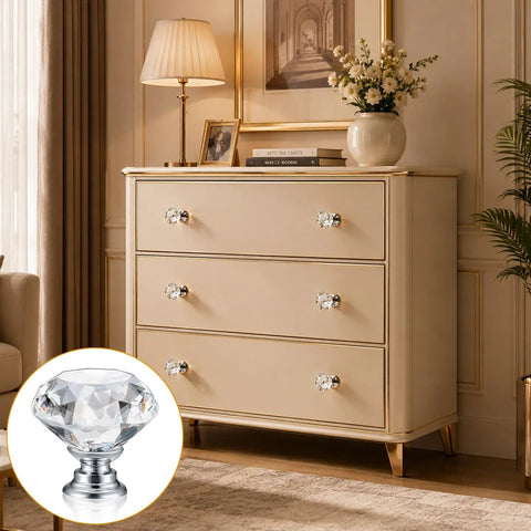 Top Tier Crystal Cabinet Knobs And Drawer Handles With Slick Silver Tone Heavy Duty Aluminum Core Badass 30mm on modern dresser.