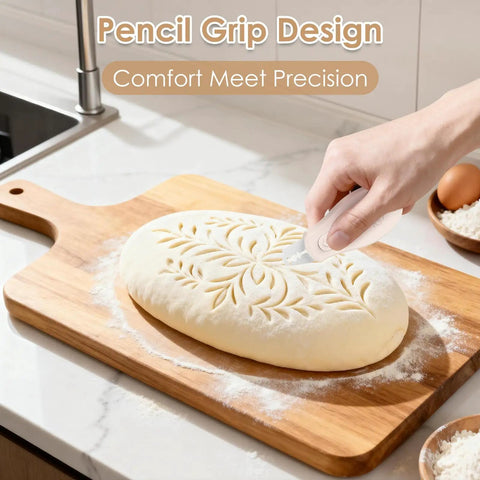 Beige Magnetic Bread Lame For Home Bakers And Dough Nerds With Dual Sided Locking Blade scoring dough on cutting board