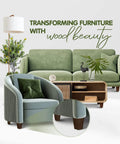 Heavy Duty Four Inch Square Wooden Furniture Legs With Adjustable Levelers And Secure T Nuts Hardware Brown Wood Grain view with modern sofa and chair.