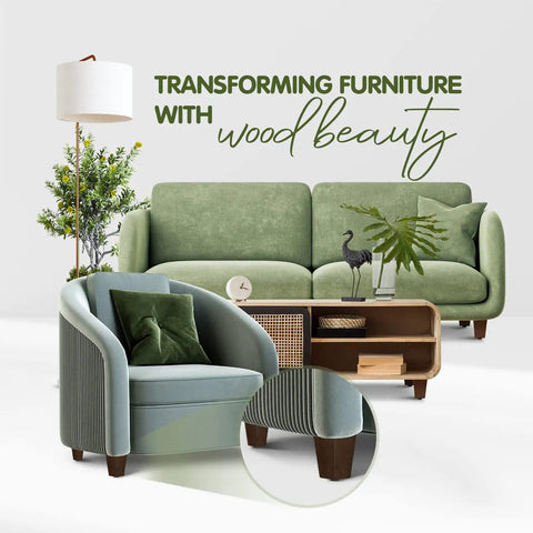 Heavy Duty Four Inch Square Wooden Furniture Legs With Adjustable Levelers And Secure T Nuts Hardware Brown Wood Grain view with modern sofa and chair.