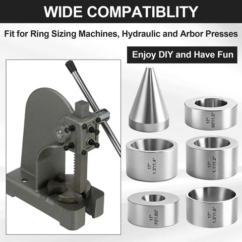 17 Degree Folding Reduction Die Set 5 Piece Pro Grade Heavy Duty Stainless Steel Stabilizer Folding Cone Dies with size markings.