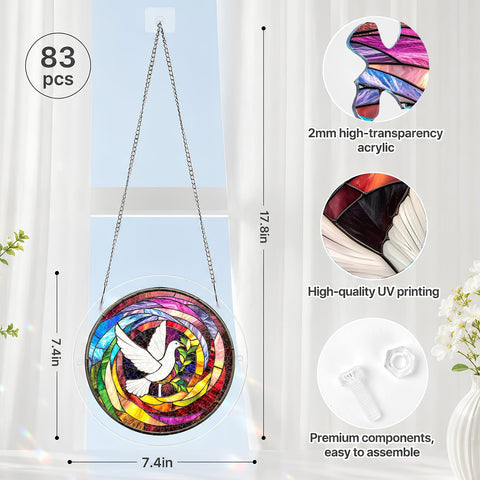 Dove Acrylic Sun Catcher Puzzle Kit For Doors Garden And Window Hanging, 7.4 inch clear acrylic with 83 pieces, shown with chain.