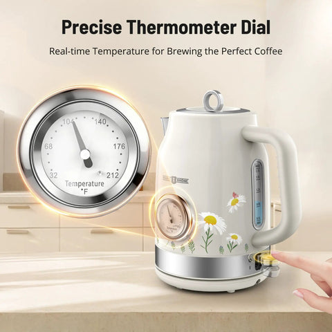 Retro Stainless Steel Electric Kettle Cordless One Point Seven Liter Capacity With Thermometer Dope Fast 1500W Heating LED Indicator