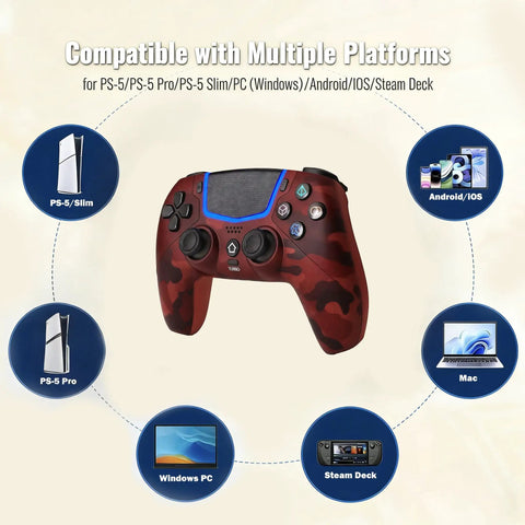 Wireless Controller For PS5 And PC With Hall Effect Joysticks LED Channel Light Turbo 6 Axis Gyro Dual Motors Touchpad Red Camo