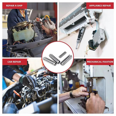 Stainless Steel Roll Pin Kit With 424 Pieces For Machinery, Automotive And DIY Repairs, images show various repair applications