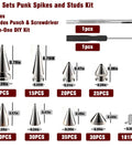 Knockout Punk Rock Spikes And Studs Kit With 364 Pieces For Leather Jackets, Belts, Bags, And Boots, Includes Punch And Screwdriver For Hella Sick Mods, 8 sizes displayed.