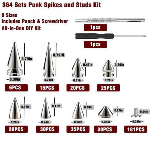 Knockout Punk Rock Spikes And Studs Kit With 364 Pieces For Leather Jackets, Belts, Bags, And Boots, Includes Punch And Screwdriver For Hella Sick Mods, 8 sizes displayed.