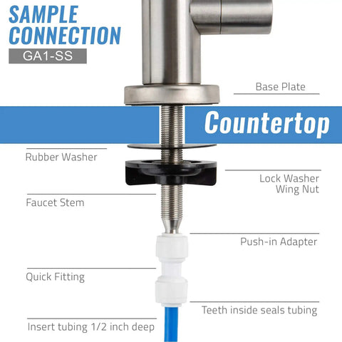 Installation diagram of Stainless Heavy Duty Lead-Free Reverse Osmosis Faucet For Under-Sink RO Systems with labeled components.