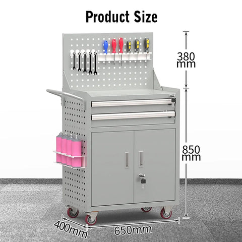 Heavy Duty 2 Drawer Tool Cart On Wheels With Pegboard And Screwdriver Holder, Rated To 660 Lbs, Beefy Steel Build, Built For Garages, Warehouses And Repair Shops, Blue Finish, 650x400x850 mm