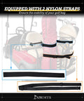 Heavy Duty Golf Cart Bag Holder Upgraded Rear Seat Bracket For One Inch Square Frame with two nylon straps ensuring stability.