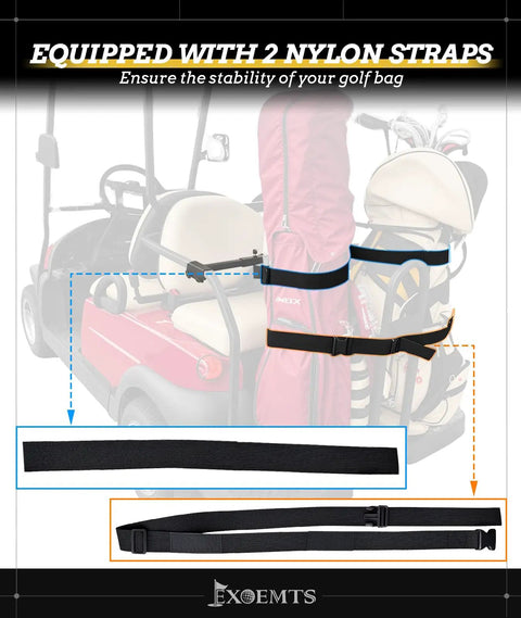Heavy Duty Golf Cart Bag Holder Upgraded Rear Seat Bracket For One Inch Square Frame with two nylon straps ensuring stability.