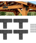 T Post Timber Pergola Bracket Set For 4x4 And 6x6 Lumber Heavy Duty Steel Powder Coated Black Four Pack shown with bolts and wood frame