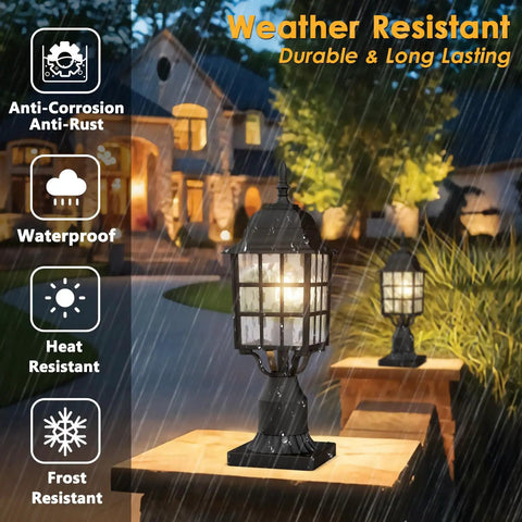 Outdoor Post Light 2 Pack Black Aluminum Lanterns With Pier Mount Base Waterproof Rust Resistant Exterior Lamps Featuring Water Ripple Glass for porch lighting