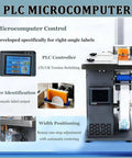 Semi-Automatic Corner Labeling Machine With Plc Control For Boxes showing microcomputer control and PLC controller display.
