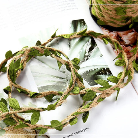 Natural Green Leaf Jute Twine Rope 2mm 3-Ply, 33 Feet Heavy Duty Hemp String for hanging, decorated with green leaves.