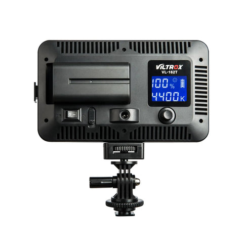 Bi-Color LED Video Light 3300K-5600K with dimmable brightness shown with LCD display, portable panel, battery and charger included.